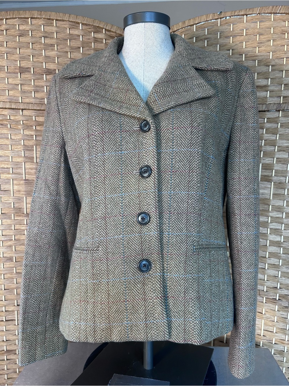 Chaps Wool Blend Herringbone Plaid Blazer Jacket Brown Blue Preppy Academia L